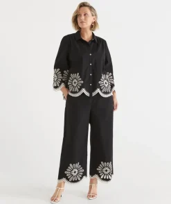 Sussan Pants>Embroidered Scallop Hem Pant BLACK