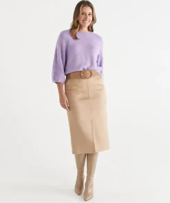 Sussan Skirts>Faux Suede Midi Skirt CAPPUCCINO