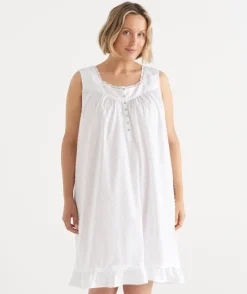 Sussan Nighties>Flock Spot Sleeveless Nightie WHITE