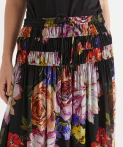 Sussan Skirts>Floral Bloom Gathered Midi Skirt BLACK