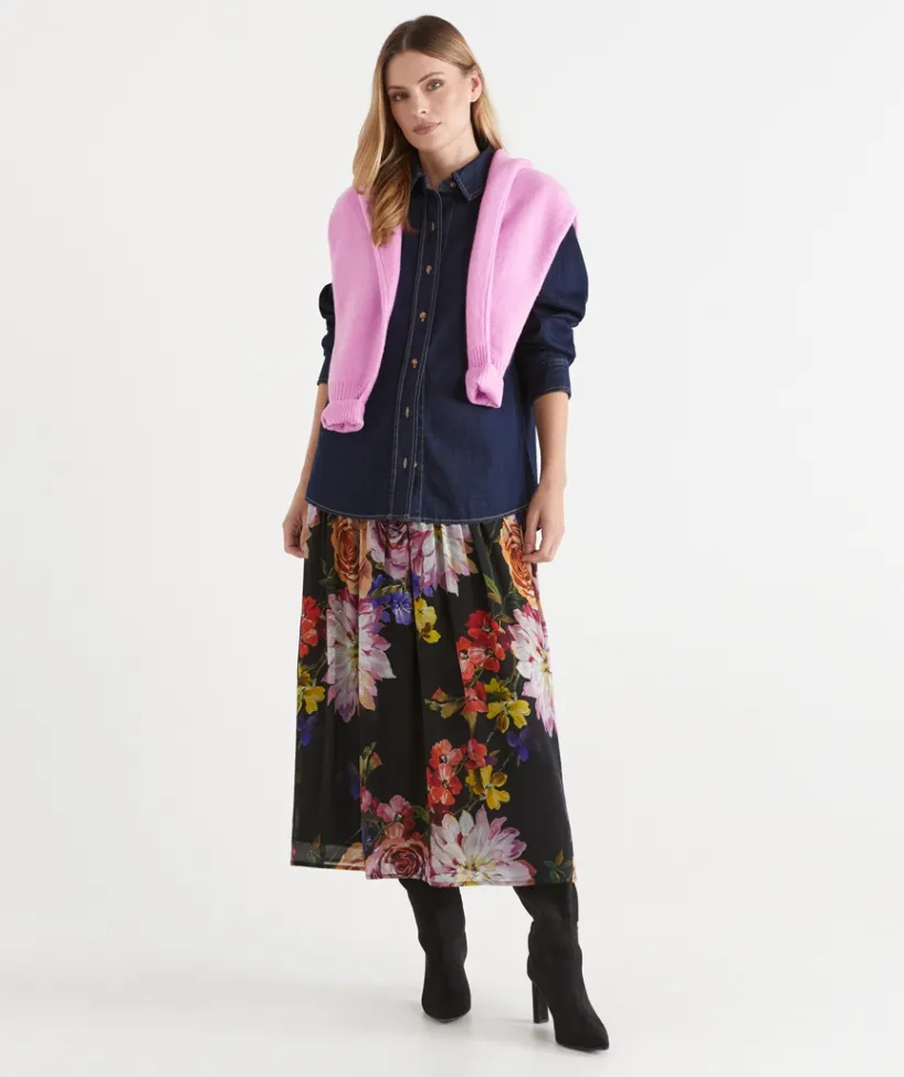 Sussan Skirts>Floral Bloom Gathered Midi Skirt BLACK