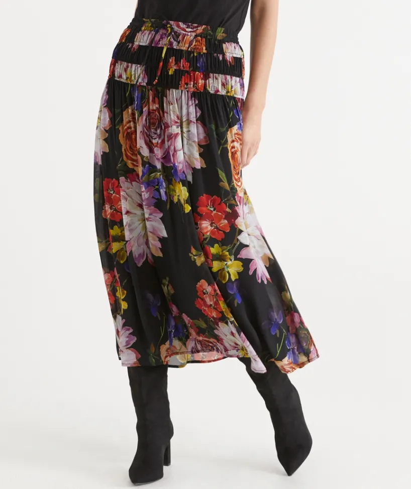 Sussan Skirts>Floral Bloom Gathered Midi Skirt BLACK