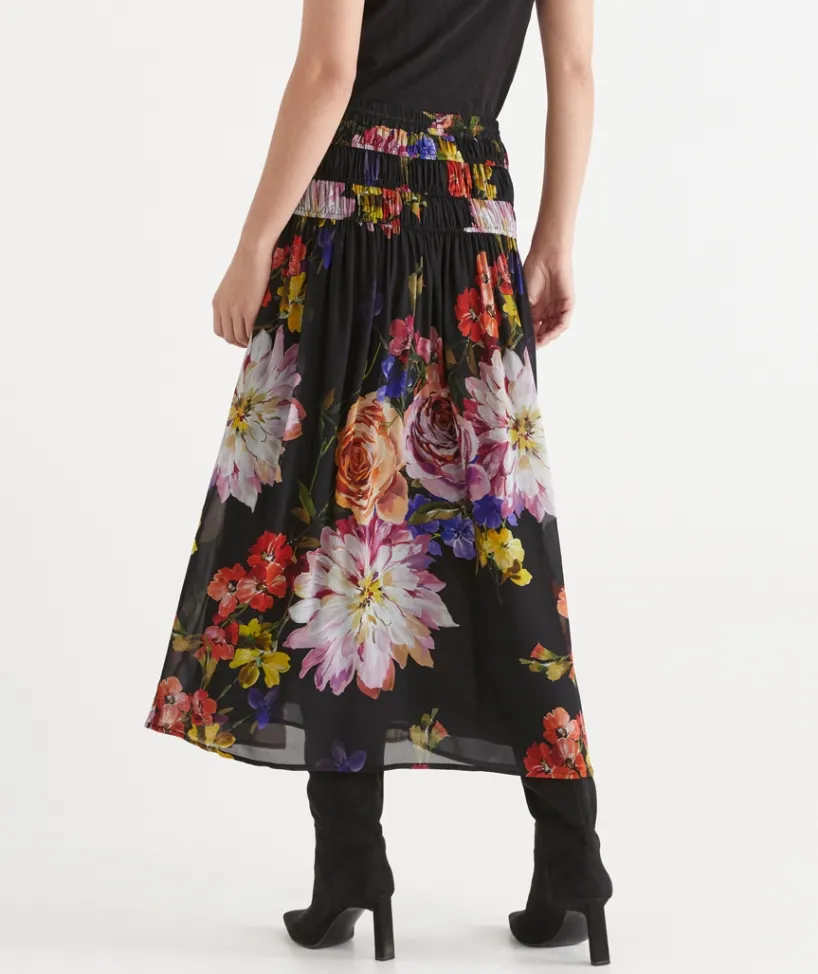 Sussan Skirts>Floral Bloom Gathered Midi Skirt BLACK