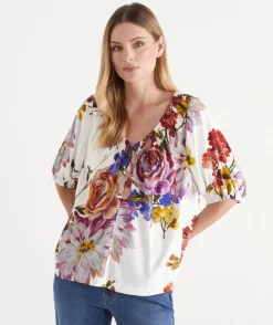 Sussan Tops>Floral Bloom V Neck Ruched Top ANTIQUE WHITE
