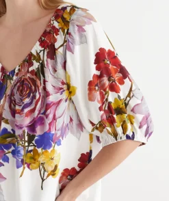 Sussan Tops>Floral Bloom V Neck Ruched Top ANTIQUE WHITE