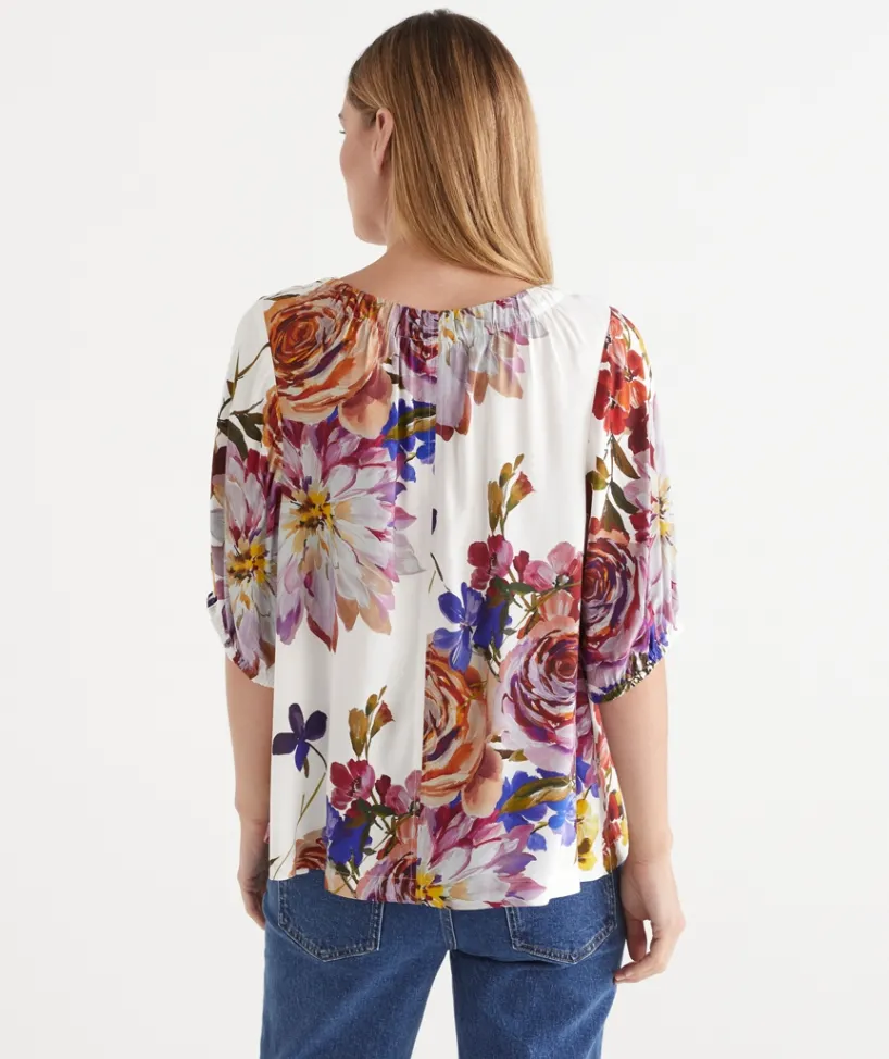 Sussan Tops>Floral Bloom V Neck Ruched Top ANTIQUE WHITE