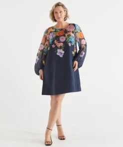 Sussan Dresses>Floral Botanical Long Sleeve Shift Dress INK