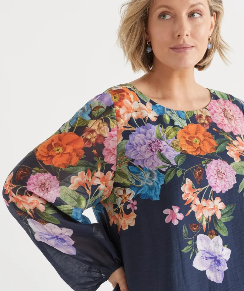 Sussan Dresses>Floral Botanical Long Sleeve Shift Dress INK