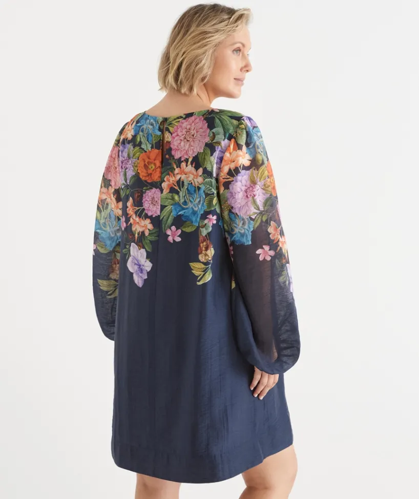 Sussan Dresses>Floral Botanical Long Sleeve Shift Dress INK