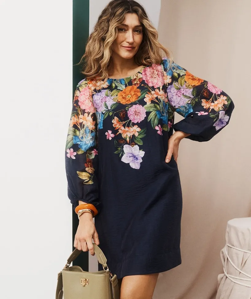 Sussan Dresses>Floral Botanical Long Sleeve Shift Dress INK