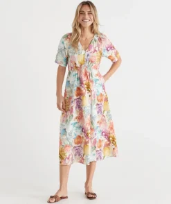 Sussan Dresses>Floral Brights V Neck Shirred Midi Linen Dress ANTIQUE WHITE
