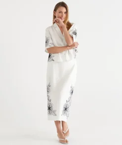 Sussan Matching Sets|Skirts>Floral Embroidered Column Skirt - White ANTIQUE WHITE