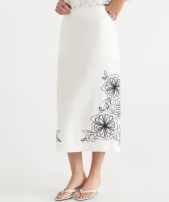 Sussan Matching Sets|Skirts>Floral Embroidered Column Skirt - White ANTIQUE WHITE