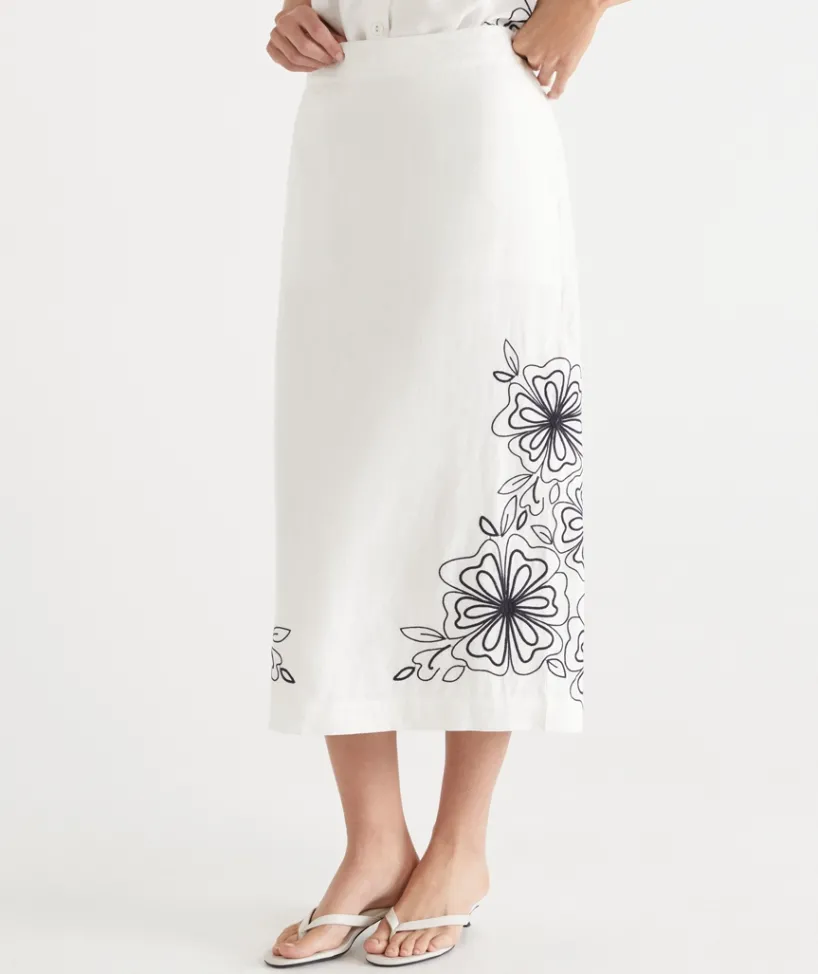 Sussan Matching Sets|Skirts>Floral Embroidered Column Skirt - White ANTIQUE WHITE
