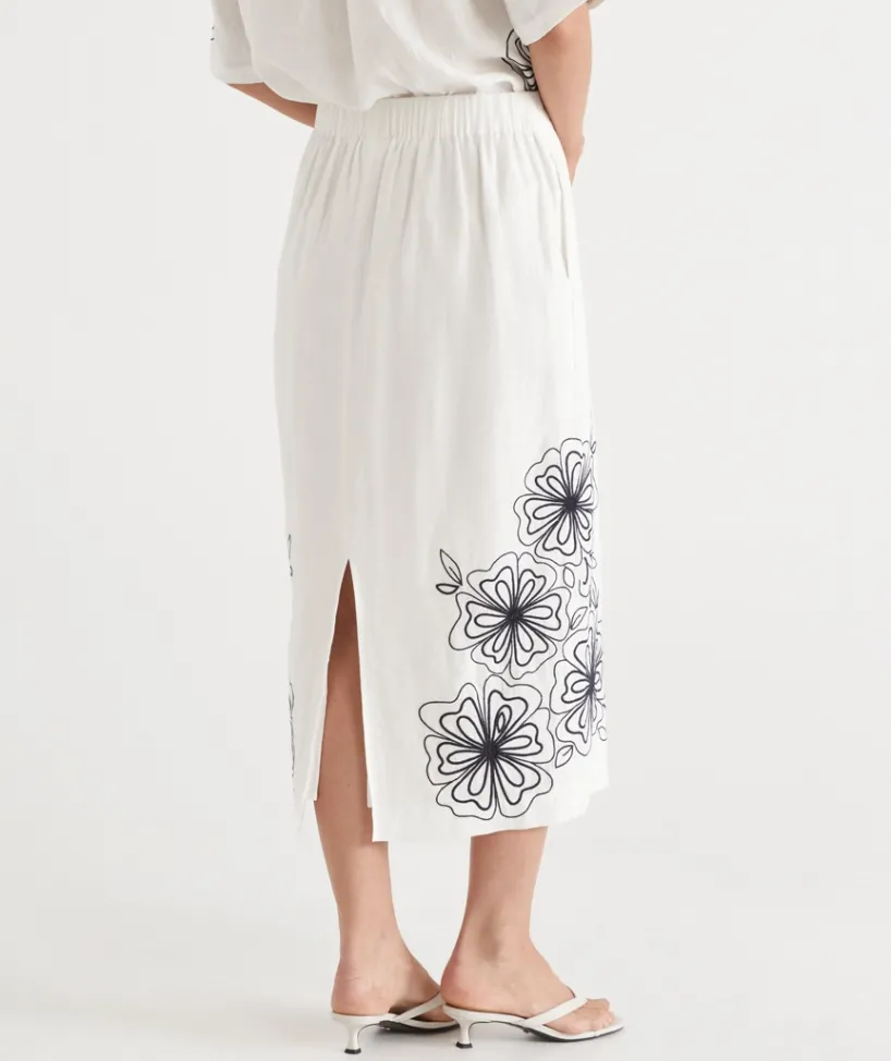 Sussan Matching Sets|Skirts>Floral Embroidered Column Skirt - White ANTIQUE WHITE
