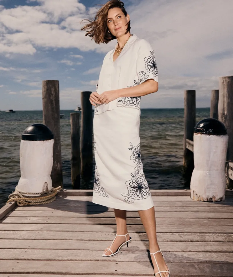 Sussan Matching Sets|Skirts>Floral Embroidered Column Skirt - White ANTIQUE WHITE