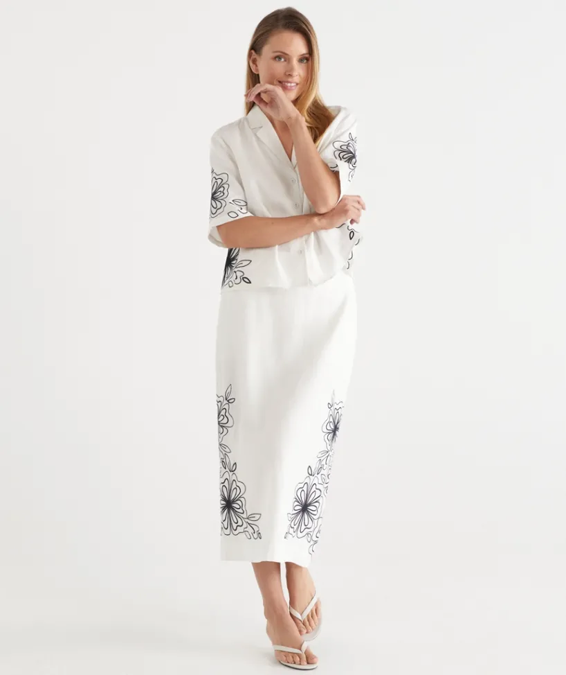 Sussan Matching Sets|Skirts>Floral Embroidered Column Skirt - White ANTIQUE WHITE