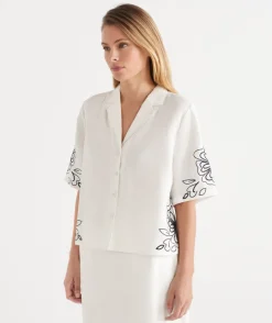 Sussan Matching Sets|Dresses>Floral Embroidered Short Sleeve Shirt - White ANTIQUE WHITE