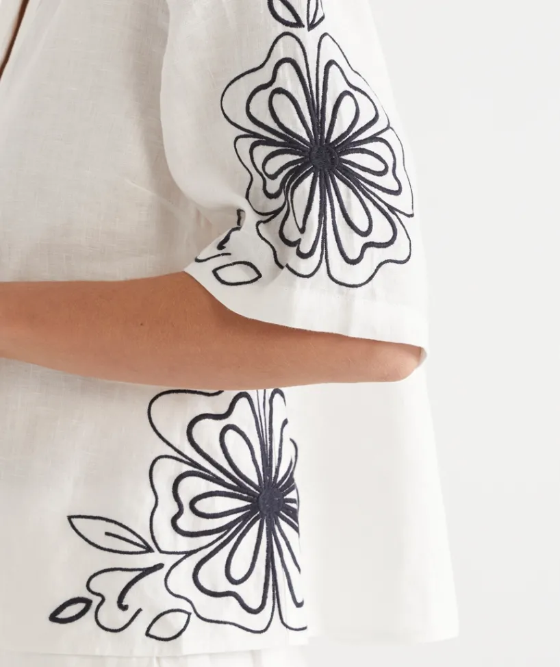 Sussan Matching Sets|Dresses>Floral Embroidered Short Sleeve Shirt - White ANTIQUE WHITE