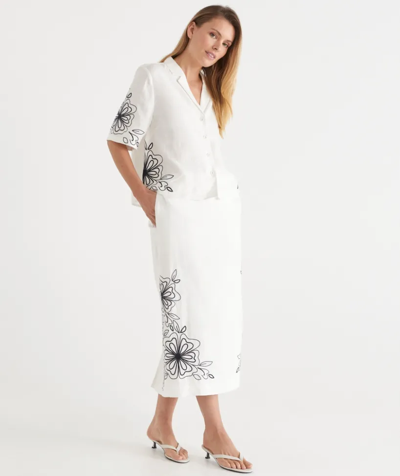 Sussan Matching Sets|Dresses>Floral Embroidered Short Sleeve Shirt - White ANTIQUE WHITE