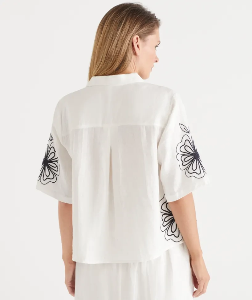 Sussan Matching Sets|Dresses>Floral Embroidered Short Sleeve Shirt - White ANTIQUE WHITE