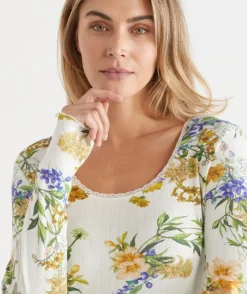 Sussan Nighties>Floral Field Long Sleeve Pointelle Nightie CREAM