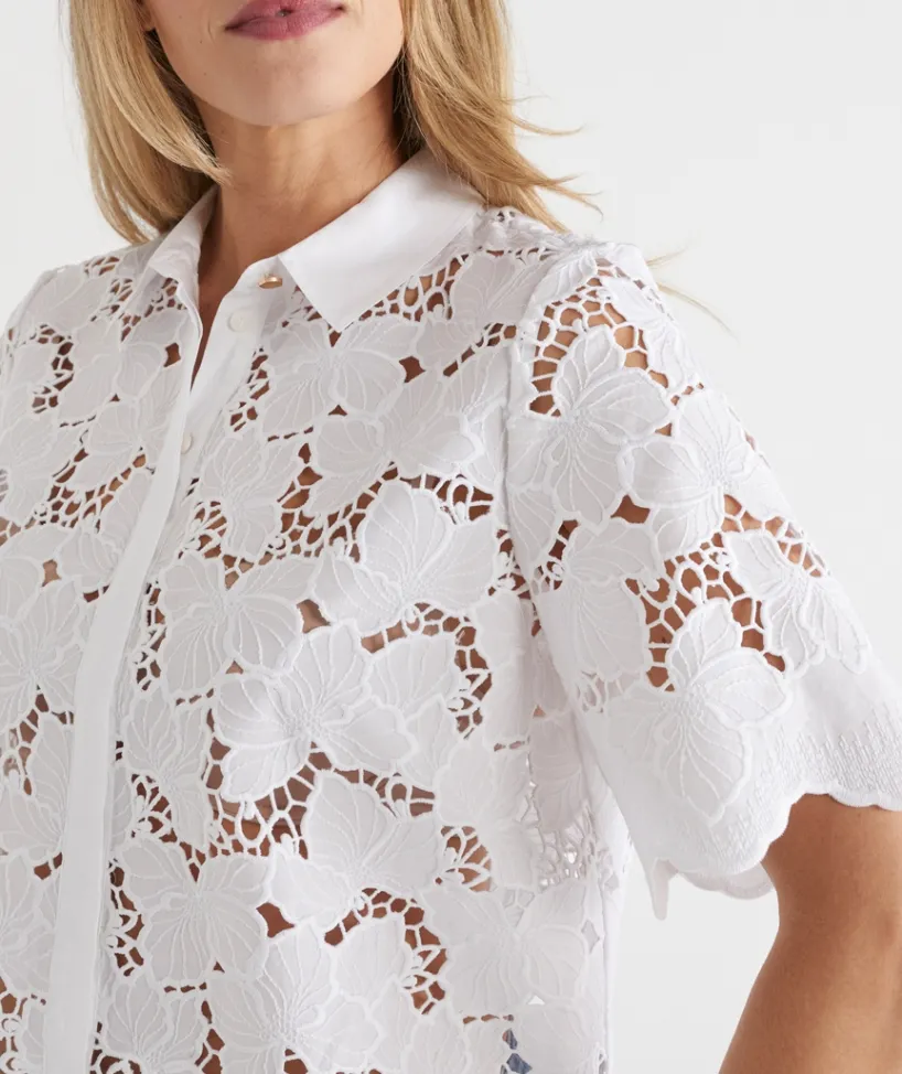 Sussan Tops|Shirts & Blouses>Floral Garden Broderie Short Sleeve Shirt WHITE