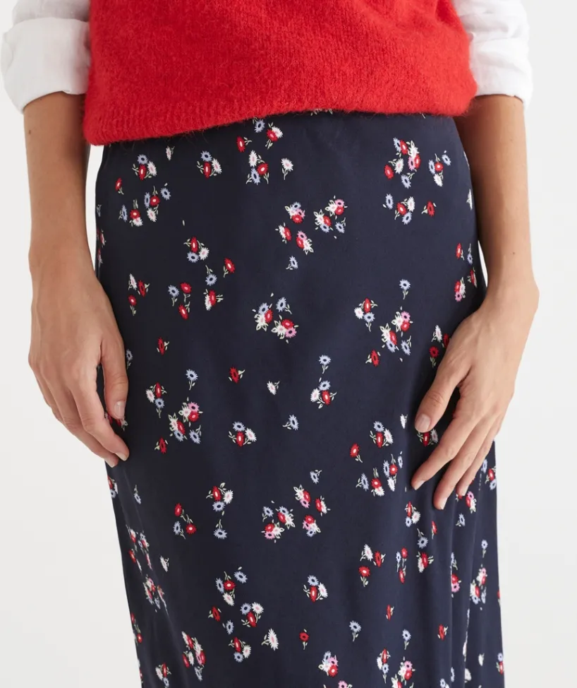 Sussan Skirts>Floral Print Slip Midi Skirt - MIDNIGHT