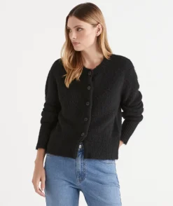 Sussan Tops|Knitwear>Fluffy Knit Crew Cardigan BLACK