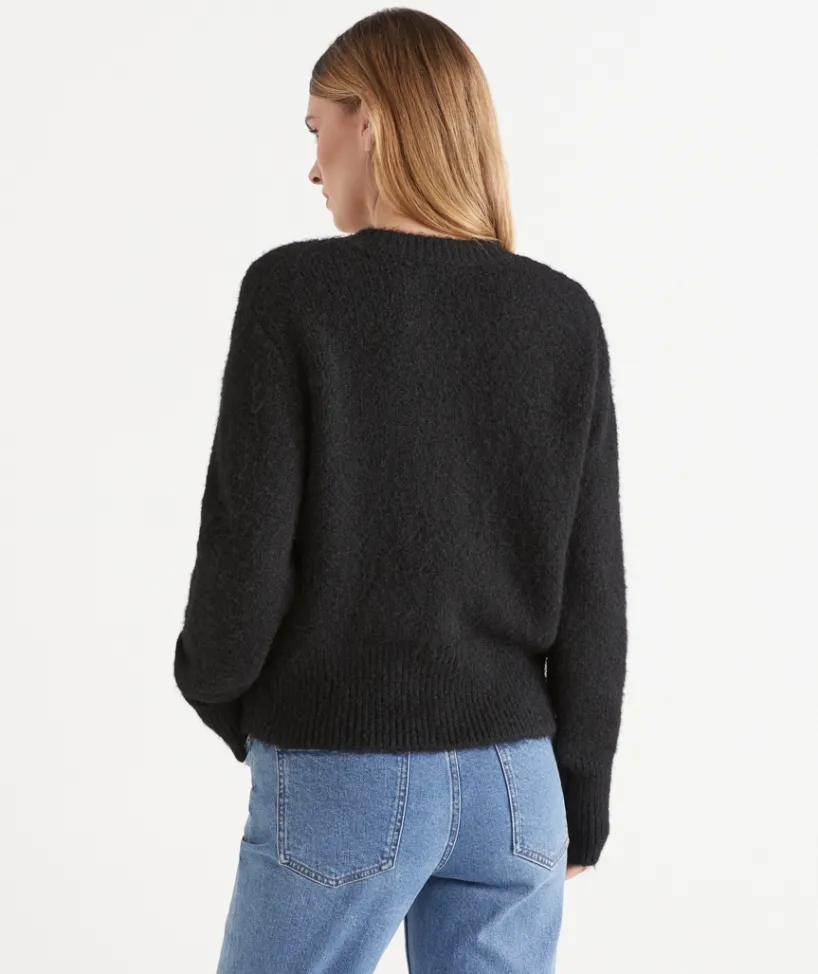 Sussan Tops|Knitwear>Fluffy Knit Crew Cardigan BLACK