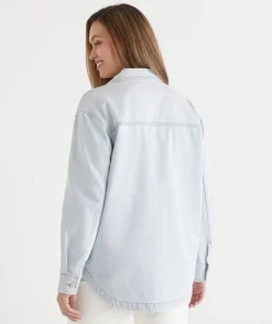 Sussan Denim|Denim Jackets & Shackets>Front Pocket Detail Denim Jacket PALE WASH