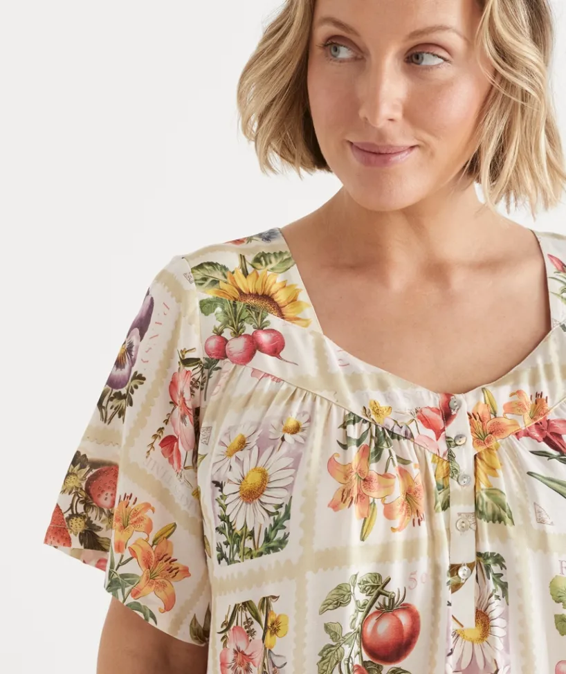 Sussan Nighties>Garden Stamp Print Short Sleeve Nightie MULTI