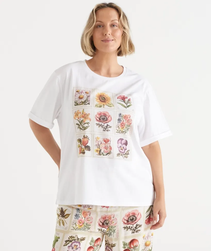 Sussan Women's Pyjama Tops>Garden Stamp Short Sleeve Pyjama Tee WHITE