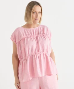 Sussan Tops|Shirts & Blouses>Gathered Short Sleeve Boxy Top PINK SUNSET