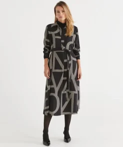Sussan Dresses>Geometric Print Popover Midi Dress - BLACK