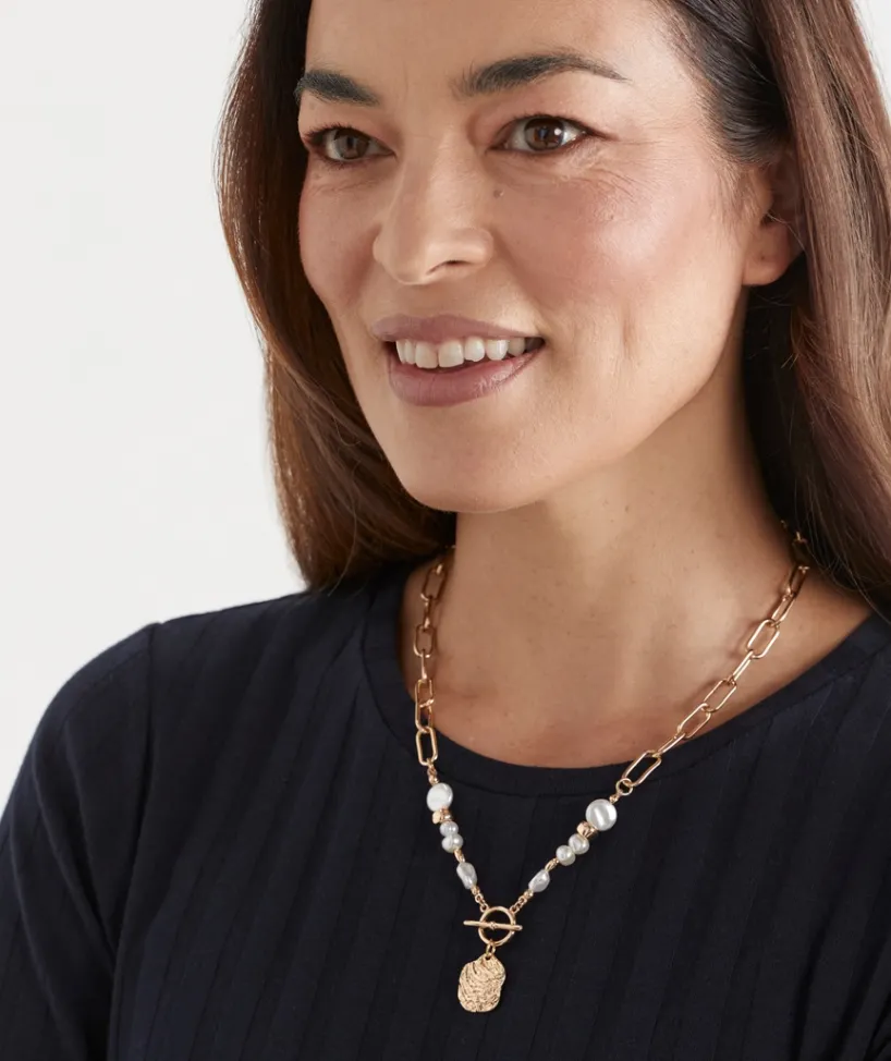 Sussan Jewellery>Pearl Chain Fob Necklace GOLD