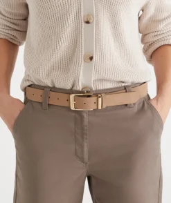 Sussan Belts>Gold Square Buckle Suede Leather Belt - STONE