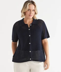Sussan Tops|Matching Sets>Knit Pointelle Polo Top INK