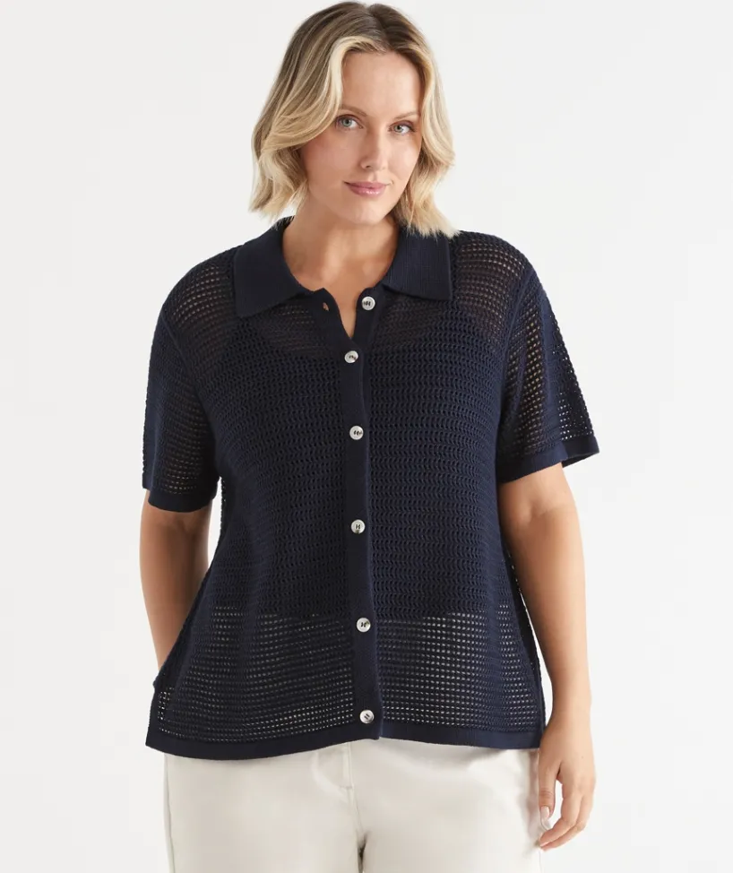 Sussan Tops|Matching Sets>Knit Pointelle Polo Top INK