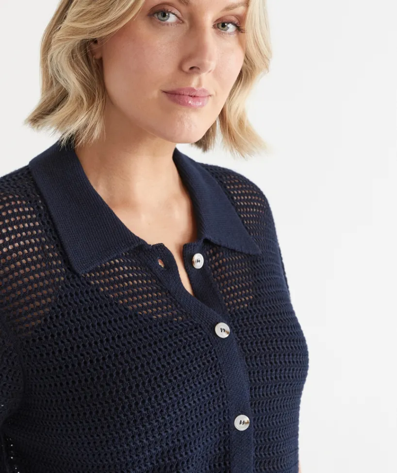 Sussan Tops|Matching Sets>Knit Pointelle Polo Top INK