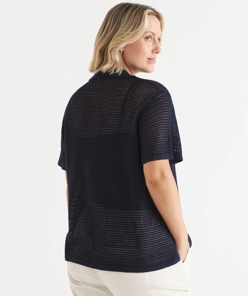 Sussan Tops|Matching Sets>Knit Pointelle Polo Top INK