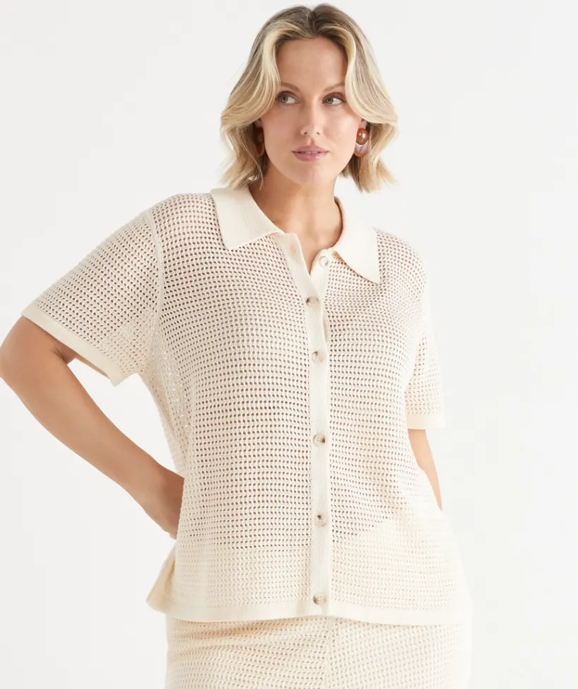 Sussan Tops|Matching Sets>Knit Pointelle Polo Top INK