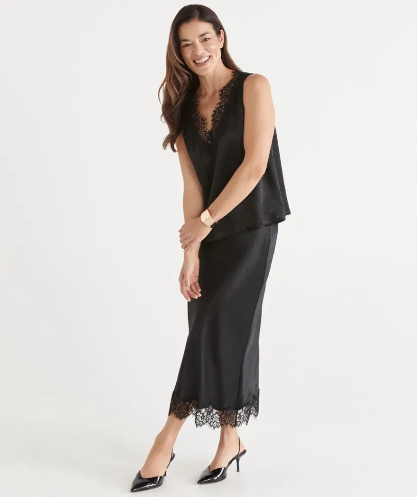 Sussan Tops|Matching Sets>Lace Trim Satin Cami BLACK