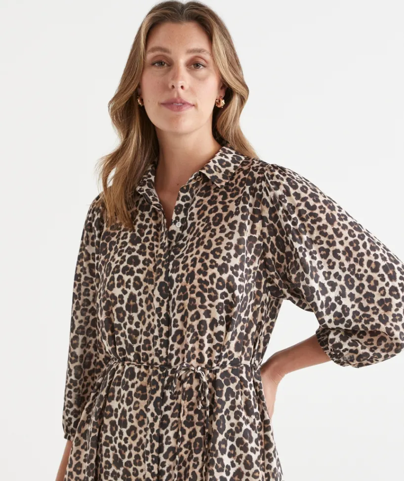 Sussan Dresses>Leopard Print Belted Midi Shirt Dress NATURAL
