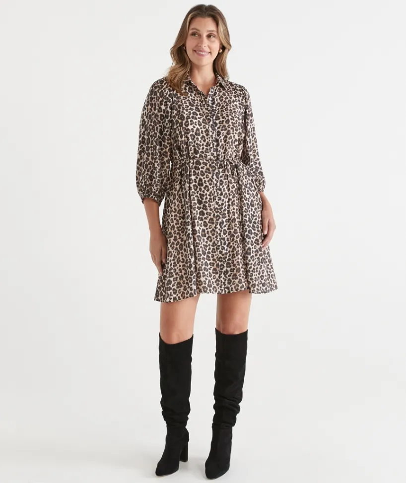 Sussan Dresses>Leopard Print Belted Midi Shirt Dress NATURAL