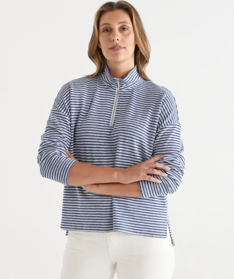 Sussan Tops|Loungewear>Lightweight Quarter-Zip Jumper - Blue Stripe BLUEBELL