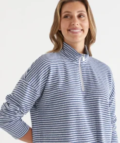 Sussan Tops|Loungewear>Lightweight Quarter-Zip Jumper - Blue Stripe BLUEBELL