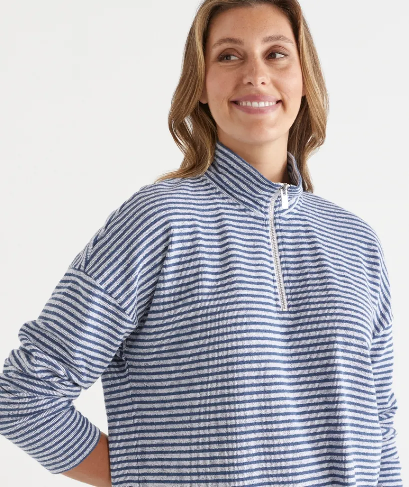 Sussan Tops|Loungewear>Lightweight Quarter-Zip Jumper - Blue Stripe BLUEBELL