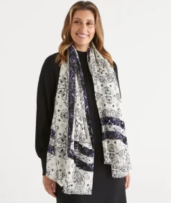 Sussan Knit Accessories|Scarves>Linear Paisley Print Scarf WHITE