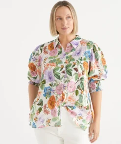 Sussan Tops|Matching Sets>Linen Floral Botanical 3/4 Sleeve Shirt ANTIQUE WHITE